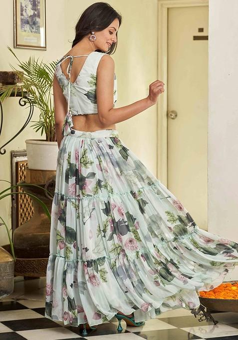 White Printed Blended Lehenga Choli