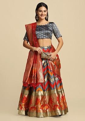 Grey Woven Design Blended Lehenga Choli