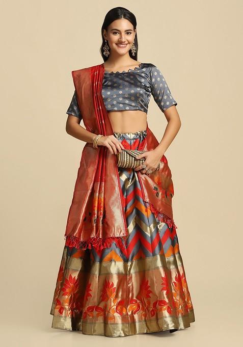 Grey Woven Design Blended Lehenga Choli — view on Indya