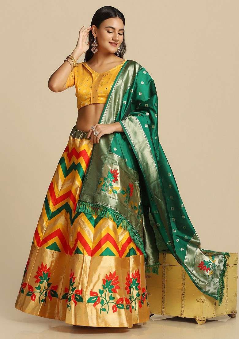 Yellow Woven Design Blended Lehenga Choli - Indya