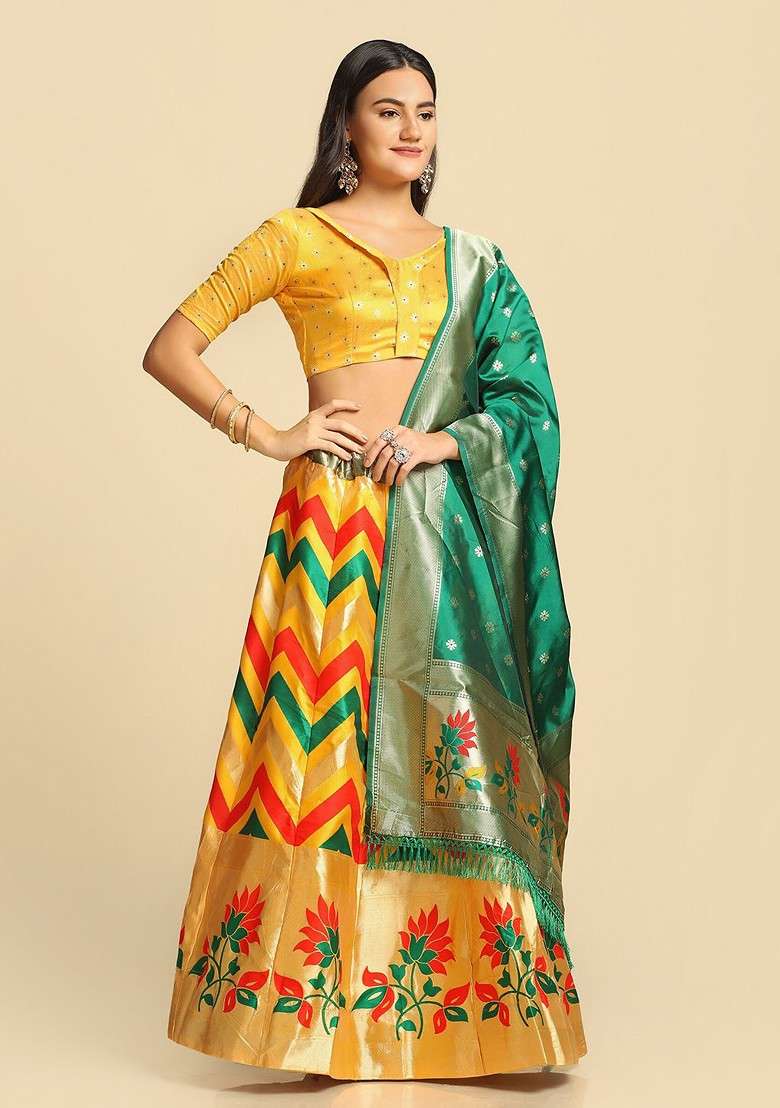 Yellow Woven Design Blended Lehenga Choli - Indya
