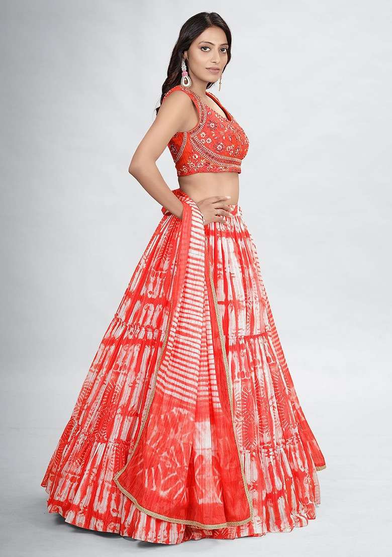 Orange Emboridered Blended Lehenga Choli - Indya