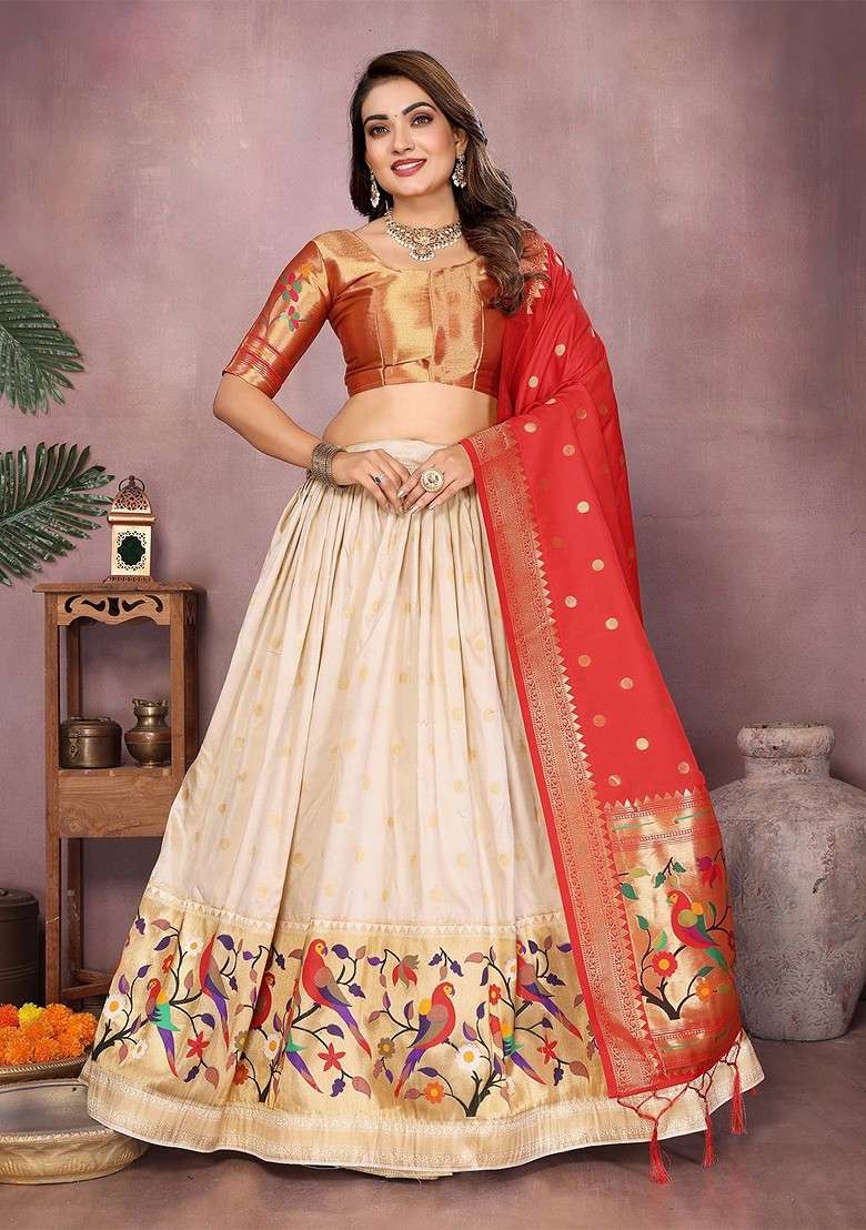 Cream Emboridered Blended Lehenga Choli - Indya
