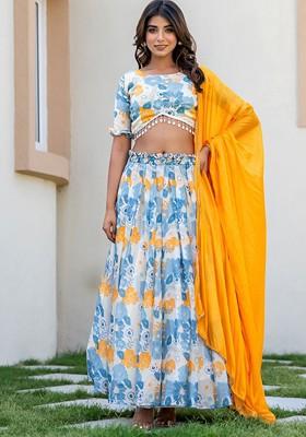 White Printed Blended Lehenga Choli