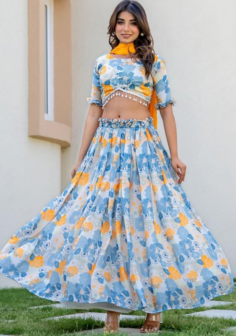 White Printed Blended Lehenga Choli