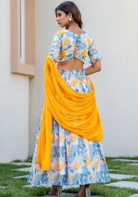 White Printed Blended Lehenga Choli