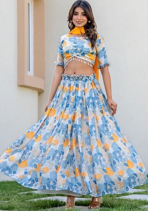 White Printed Blended Lehenga Choli