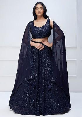 Blue Emboridered Blended Lehenga Choli