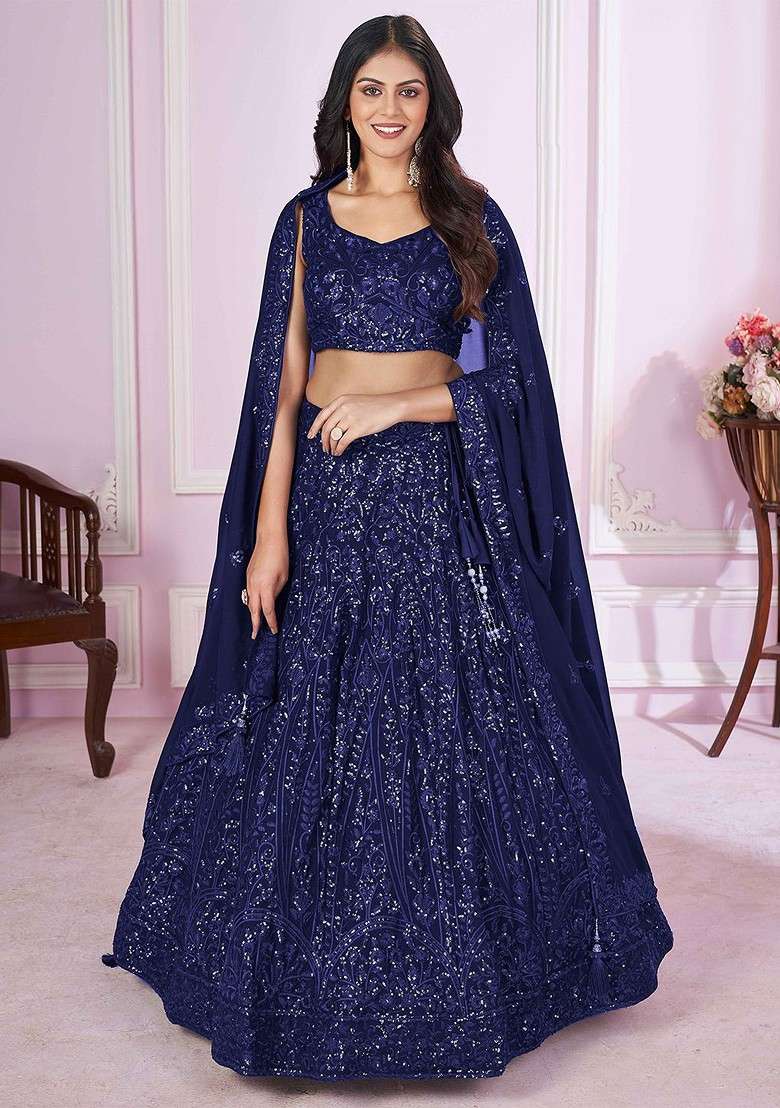 Blue Emboridered Blended Lehenga Choli - Indya