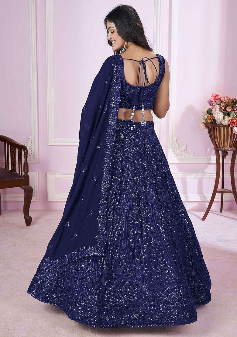 Blue Emboridered Blended Lehenga Choli - Indya