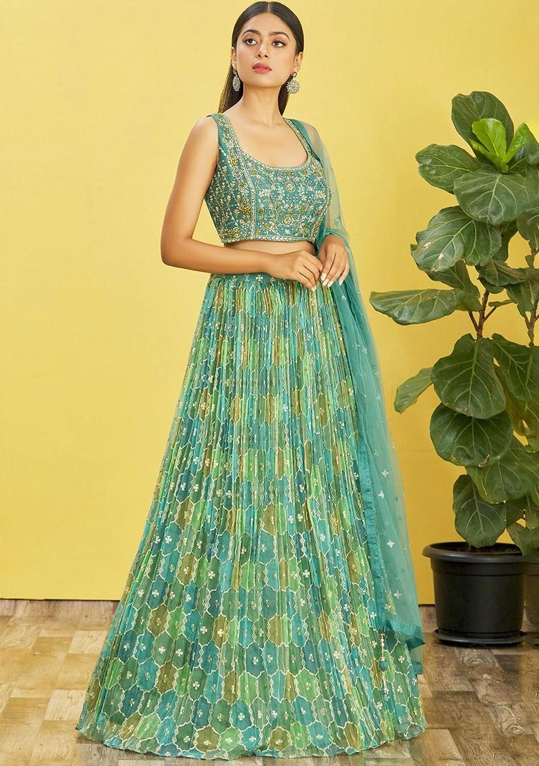Green Emboridered Blended Lehenga Choli - Indya