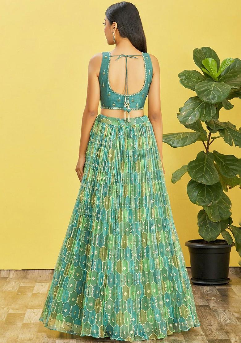 Green Emboridered Blended Lehenga Choli - Indya