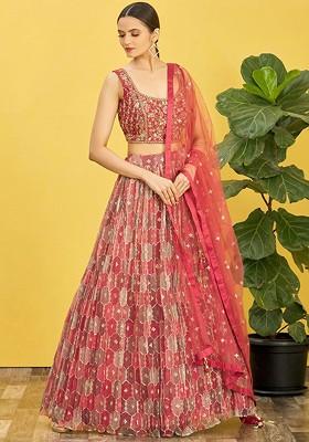 Brown Emboridered Blended Lehenga Choli