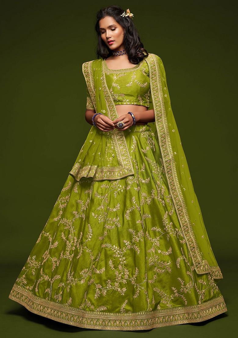 Green Emboridered Blended Lehenga Choli - Indya