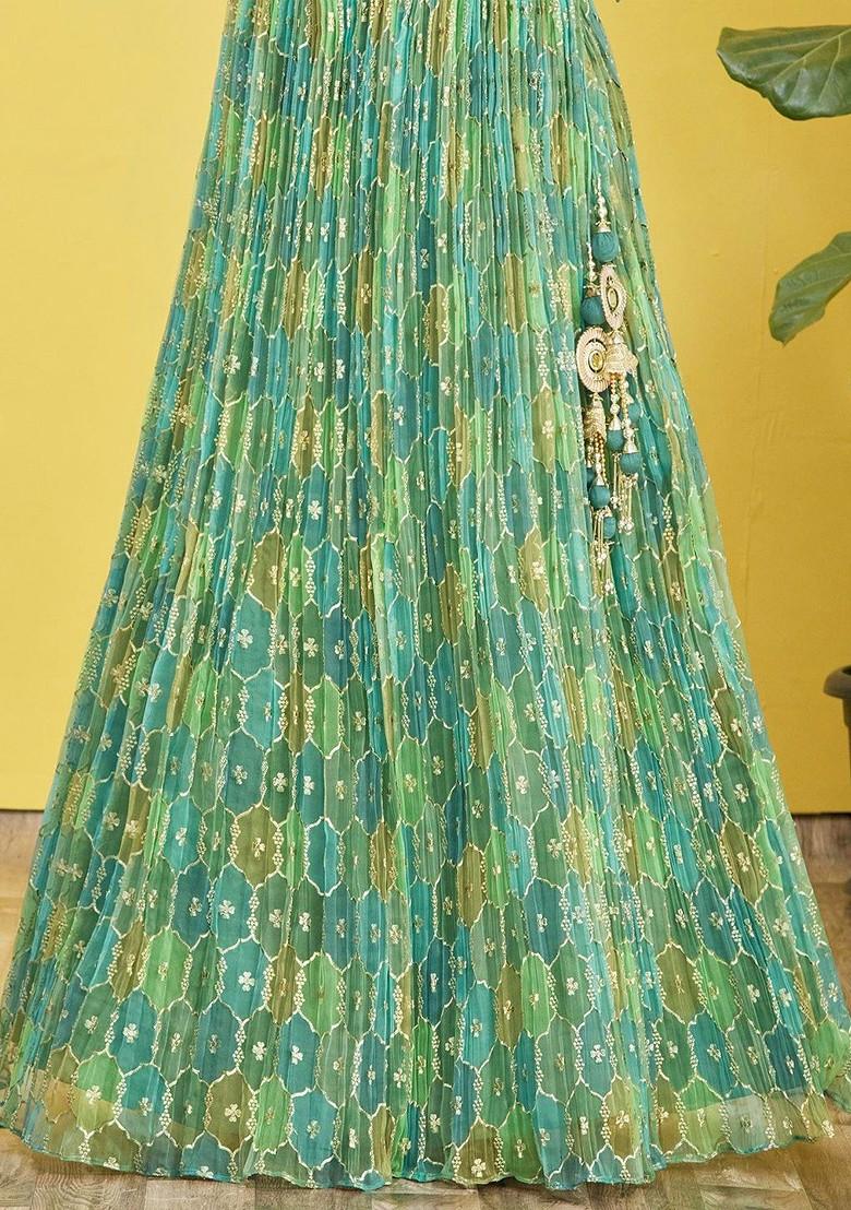 Green Emboridered Blended Lehenga Choli - Indya