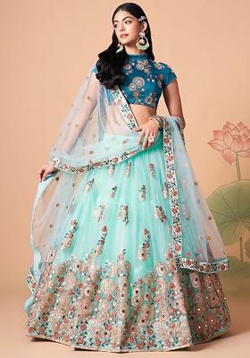 Blue Emboridered Blended Lehenga Choli