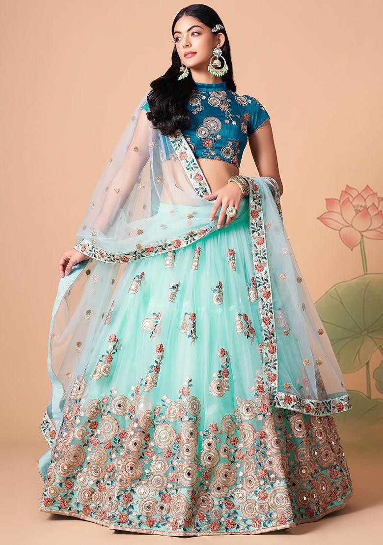 Blue Emboridered Blended Lehenga Choli - Indya