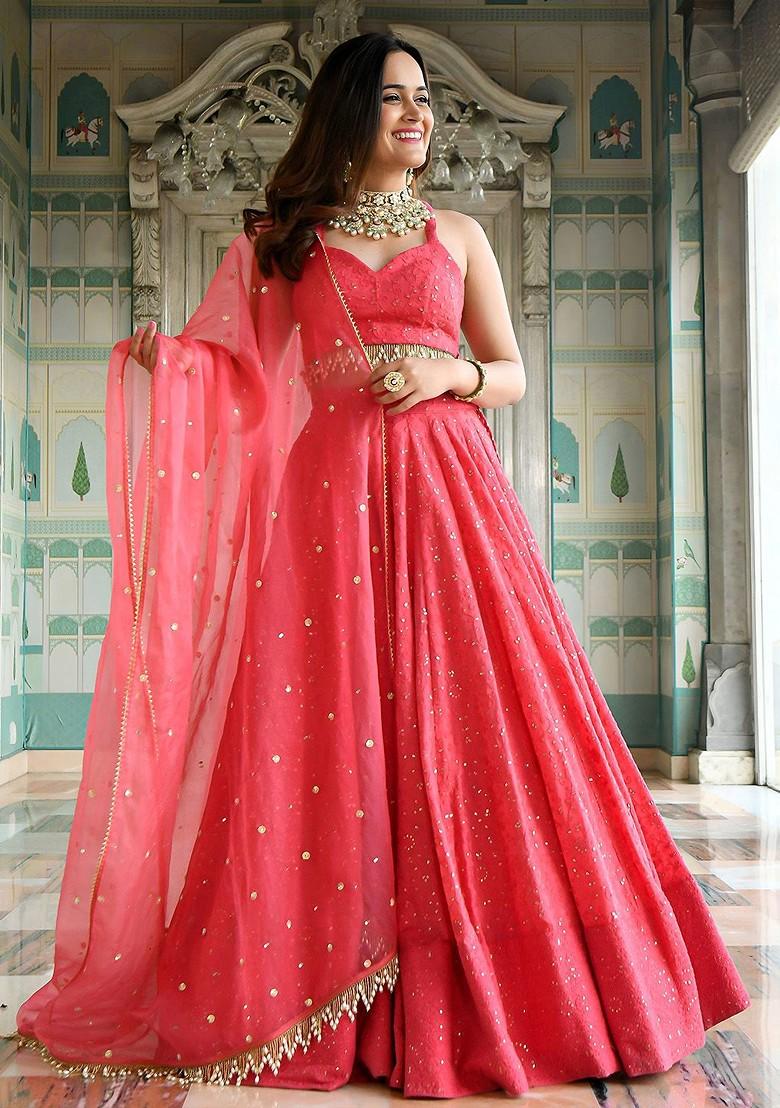 Pink Emboridered Blended Lehenga Choli - Indya