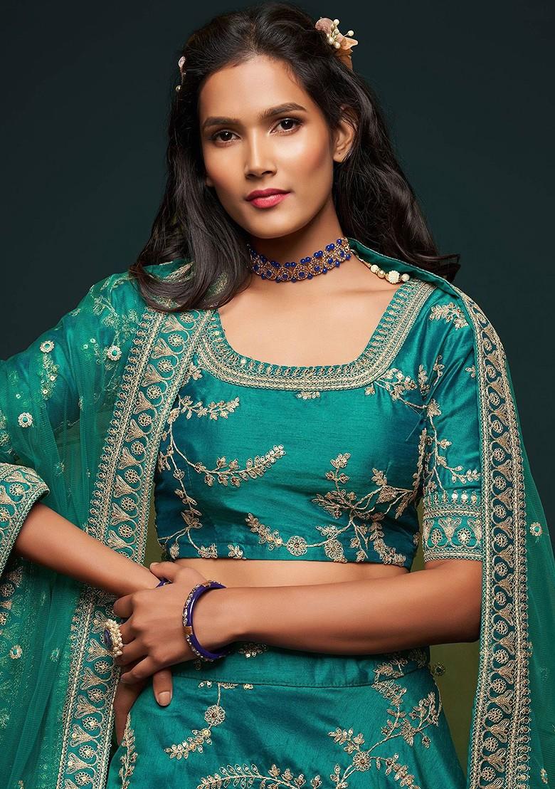 Green Emboridered Blended Lehenga Choli - Indya
