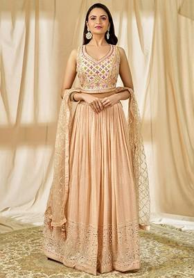 Peach Emboridered Blended Lehenga Choli