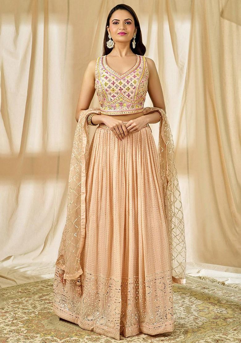 Peach Emboridered Blended Lehenga Choli - Indya