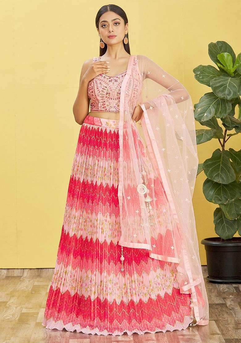 Pink Emboridered Blended Lehenga Choli - Indya