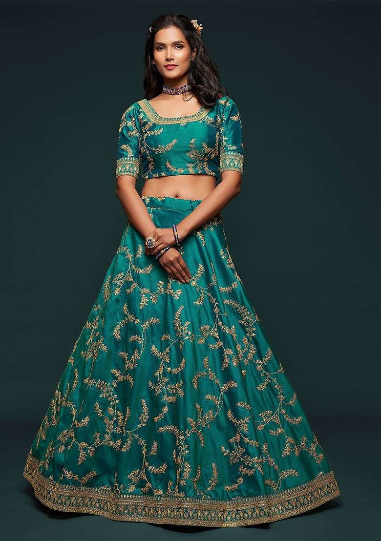 Green Emboridered Blended Lehenga Choli - Indya