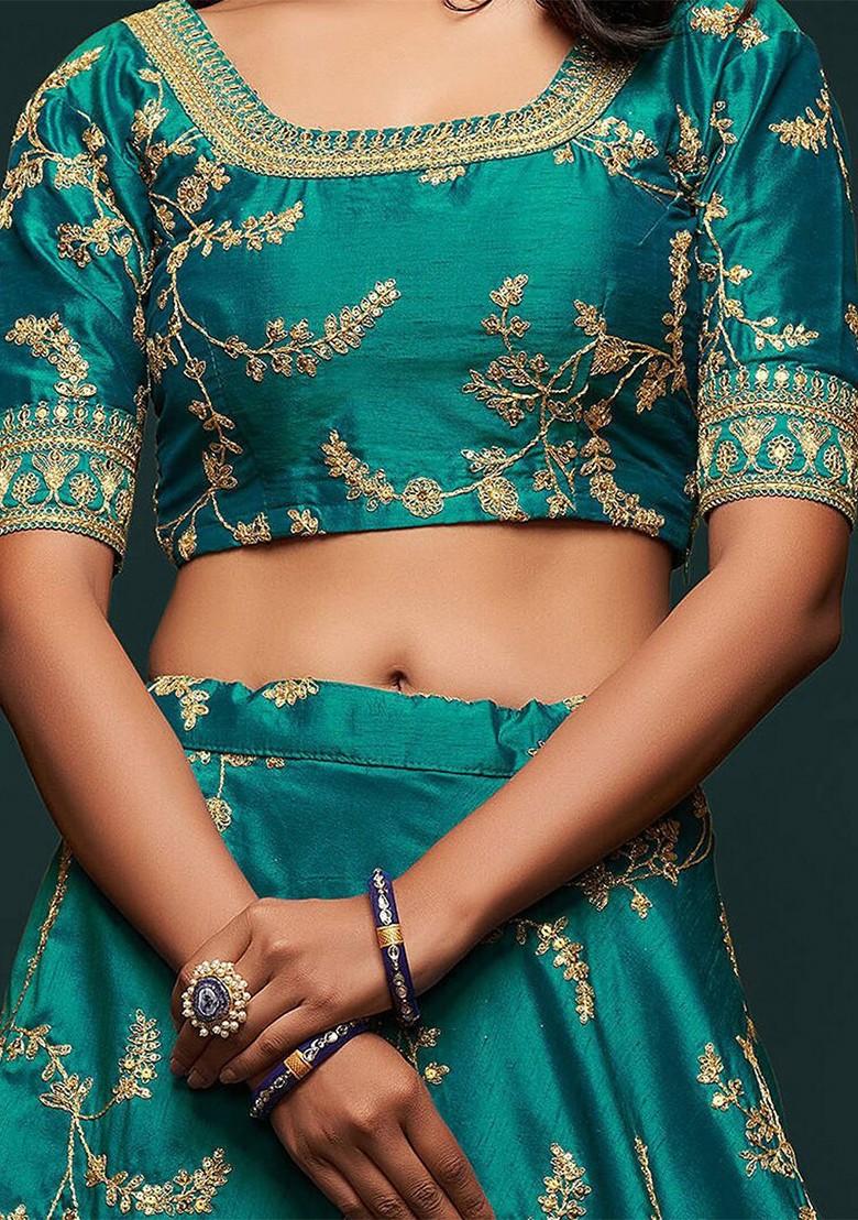 Green Emboridered Blended Lehenga Choli - Indya