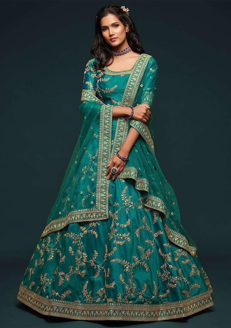 Green Emboridered Blended Lehenga Choli - Indya