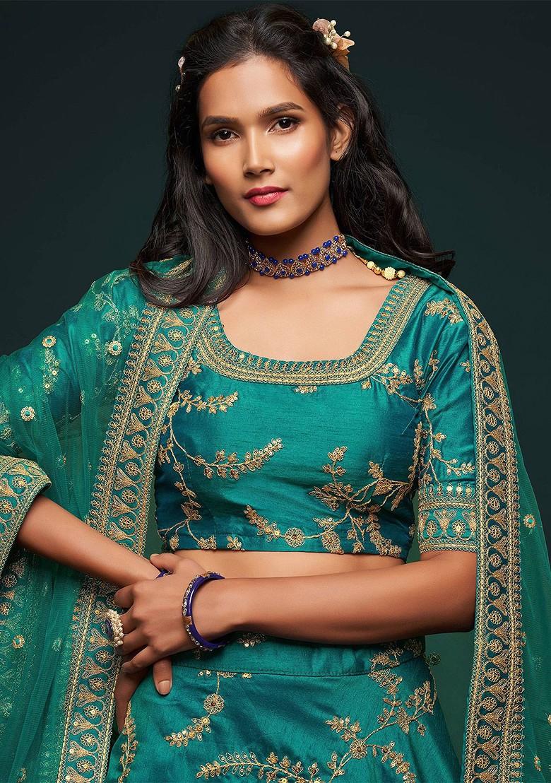 Green Emboridered Blended Lehenga Choli - Indya