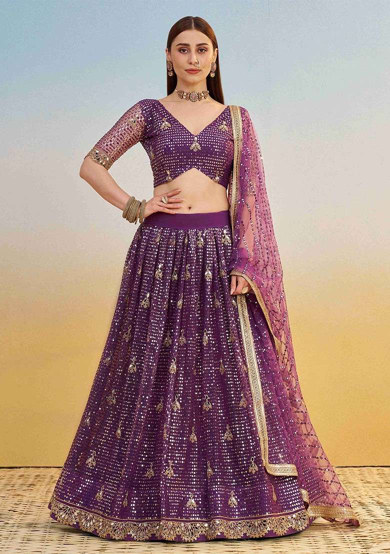 Purple Emboridered Blended Lehenga Choli - Indya