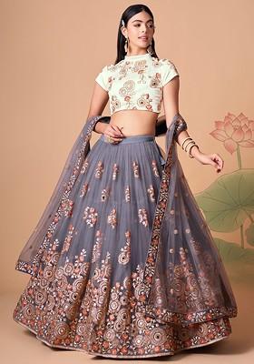 Grey Emboridered Blended Lehenga Choli