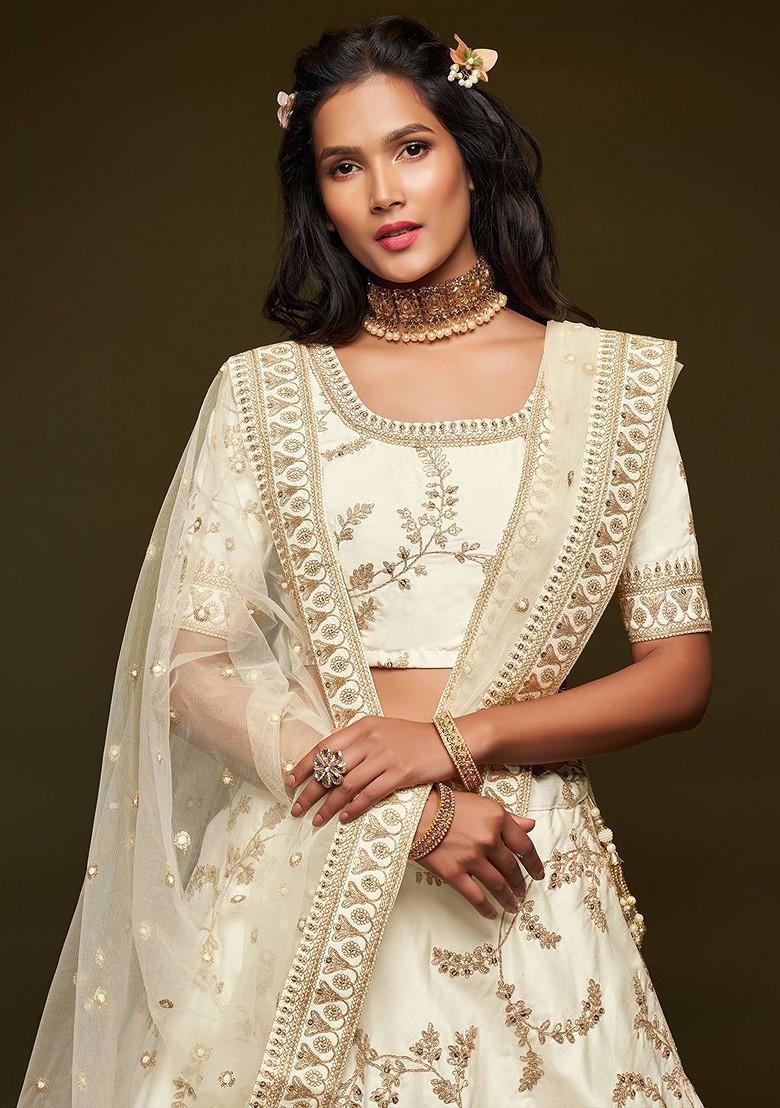 White Emboridered Blended Lehenga Choli - Indya