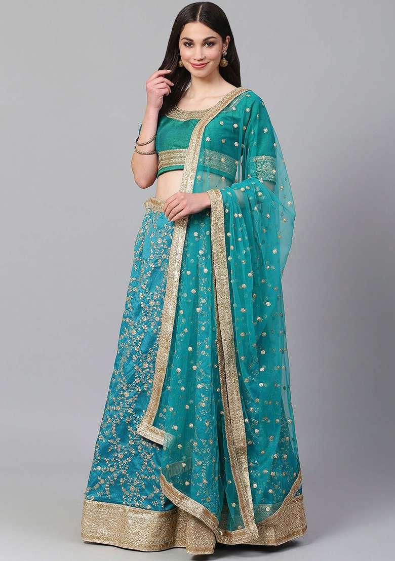 Green Emboridered Blended Lehenga Choli - Indya