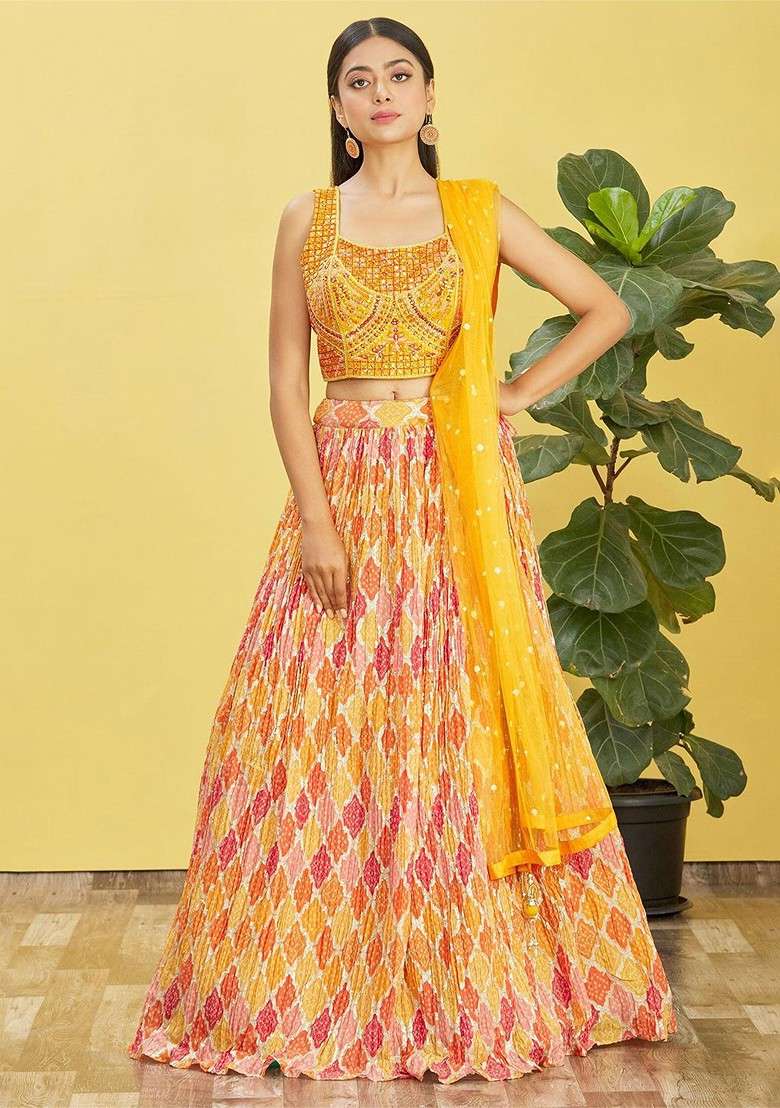 Yellow Emboridered Blended Lehenga Choli - Indya