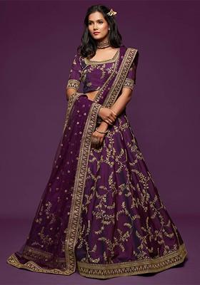 Purple Emboridered Blended Lehenga Choli