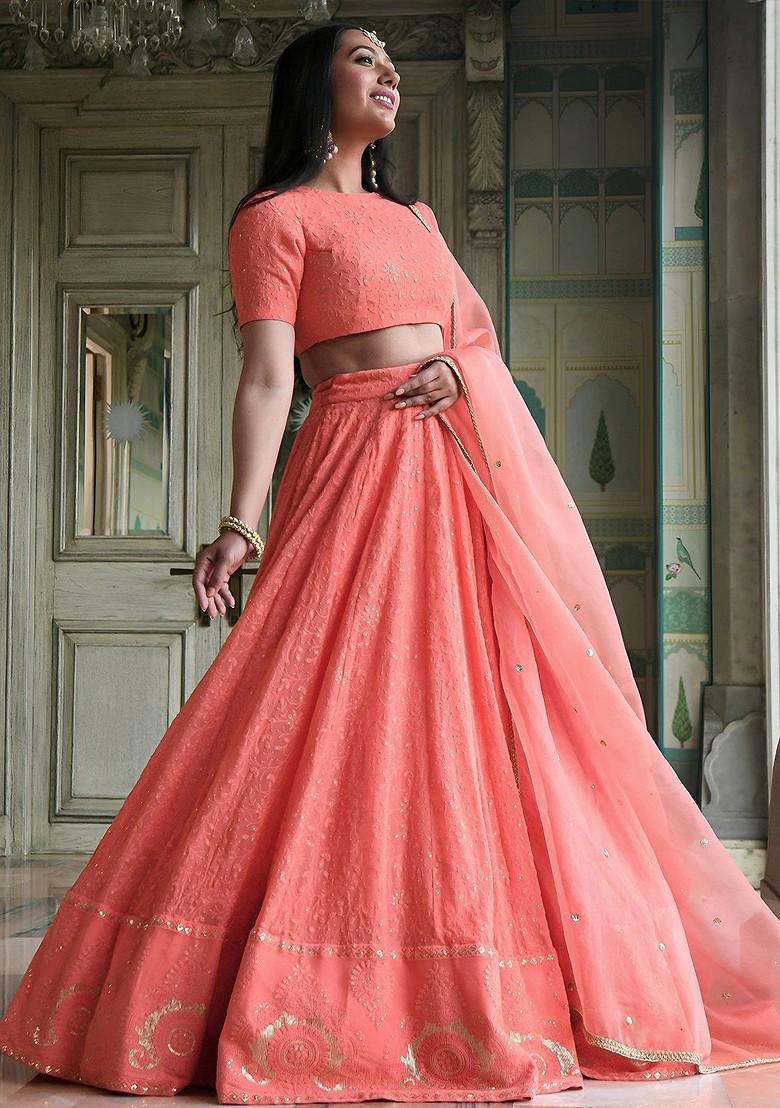 Pink Emboridered Blended Lehenga Choli - Indya