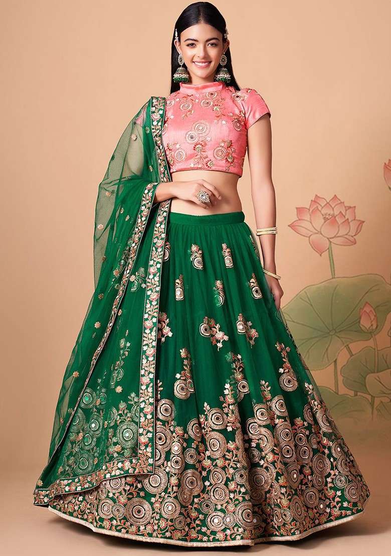 Green Emboridered Blended Lehenga Choli - Indya