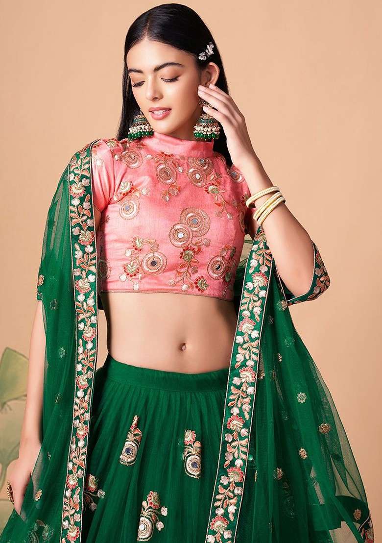 Green Emboridered Blended Lehenga Choli - Indya