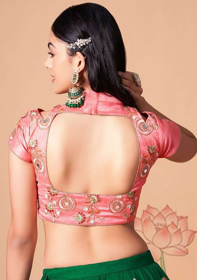 Green Emboridered Blended Lehenga Choli - Indya