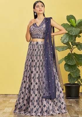 Blue Emboridered Blended Lehenga Choli