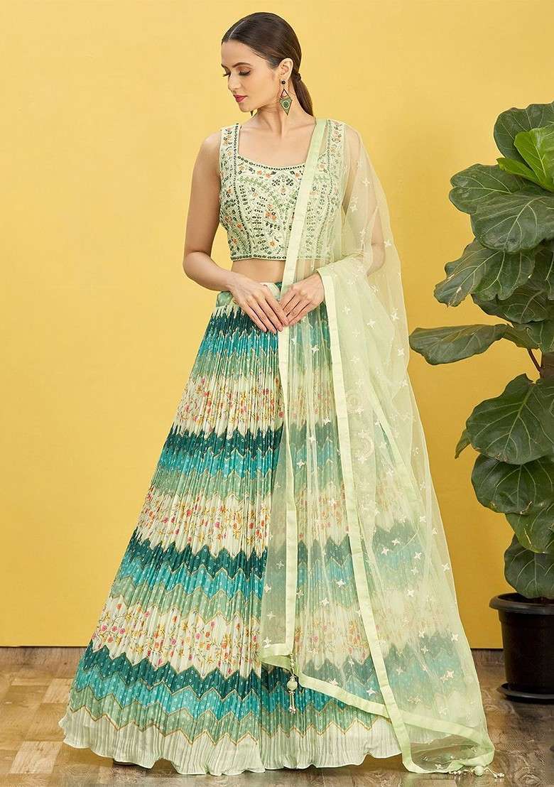 Green Emboridered Blended Lehenga Choli - Indya