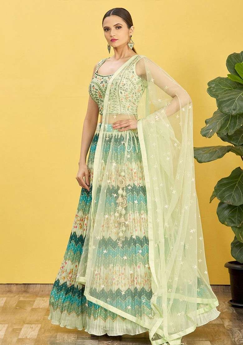 Green Emboridered Blended Lehenga Choli - Indya