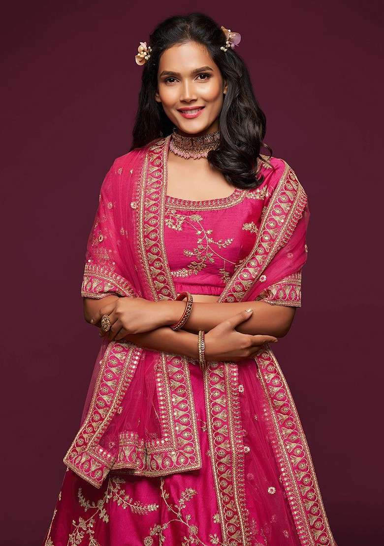 Pink Emboridered Blended Lehenga Choli - Indya