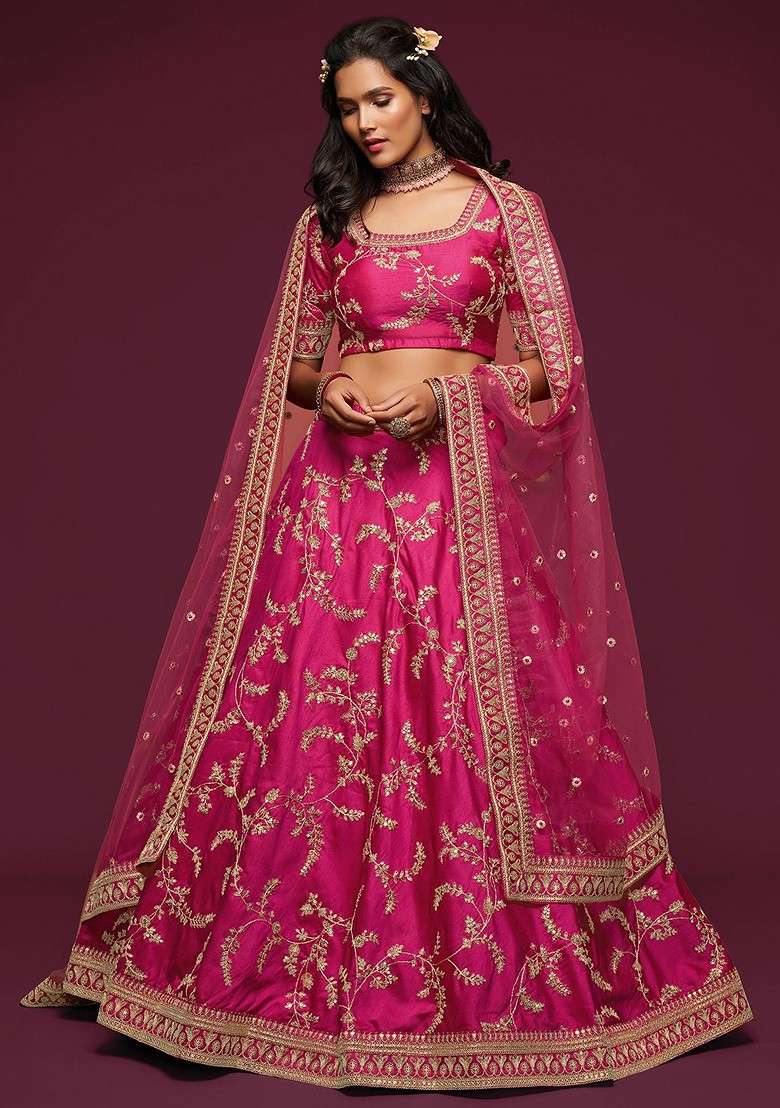 Pink Emboridered Blended Lehenga Choli - Indya