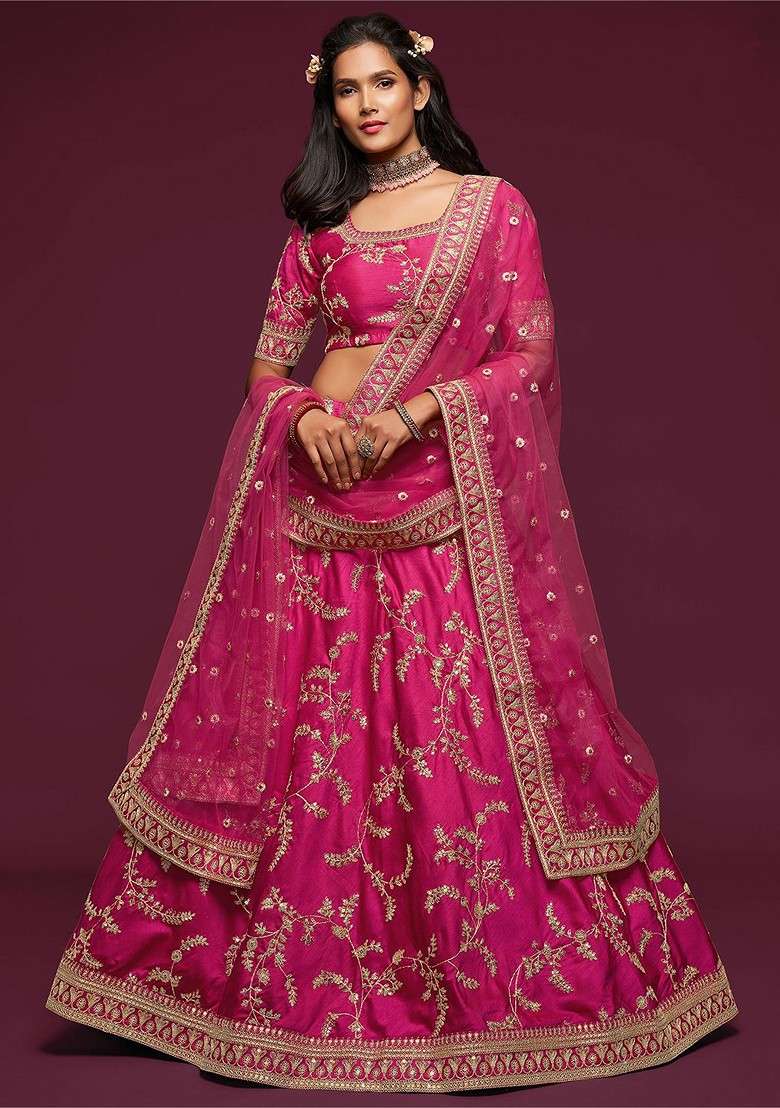 Pink Emboridered Blended Lehenga Choli - Indya