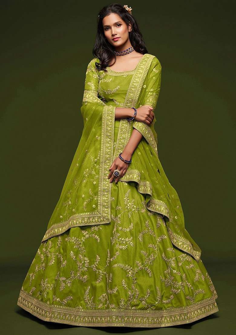 Green Emboridered Blended Lehenga Choli - Indya
