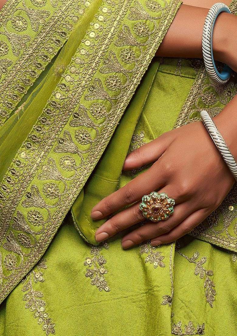 Green Emboridered Blended Lehenga Choli - Indya
