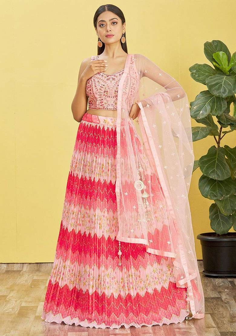 Pink Emboridered Blended Lehenga Choli - Indya