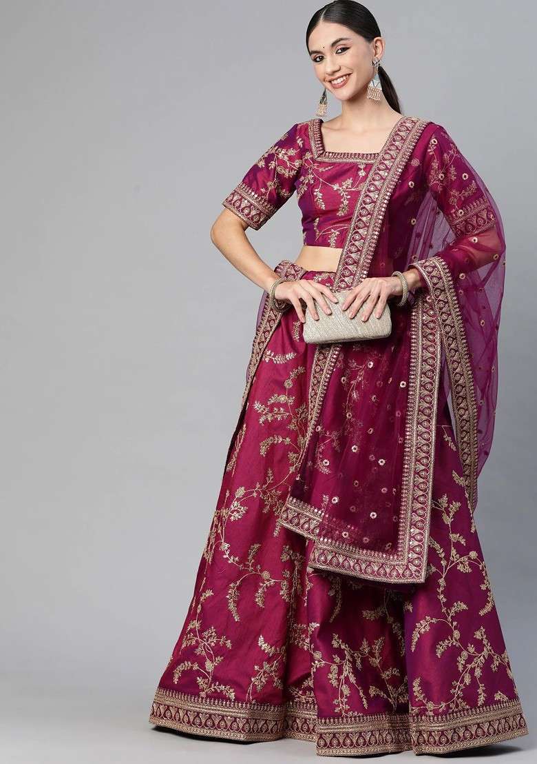 Purple Emboridered Blended Lehenga Choli - Indya